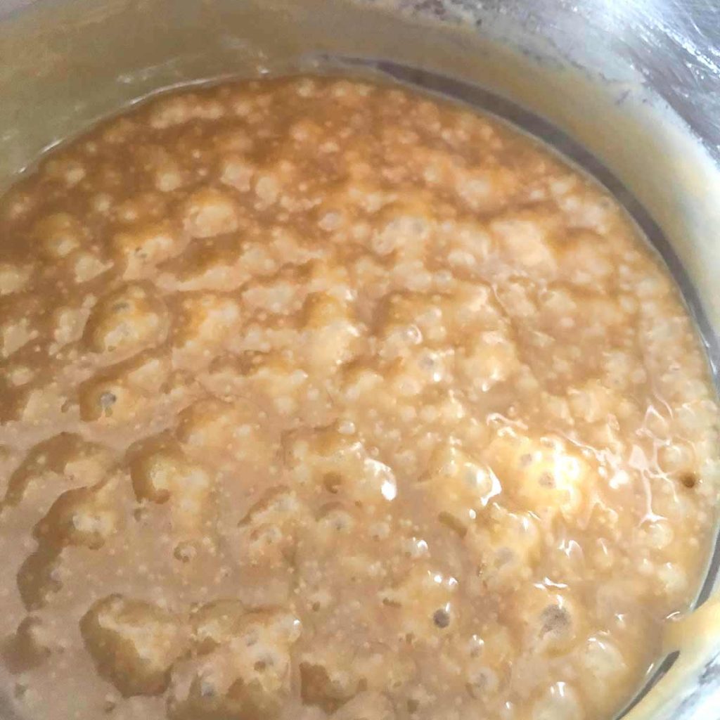 bubbling caramel sauce in pan