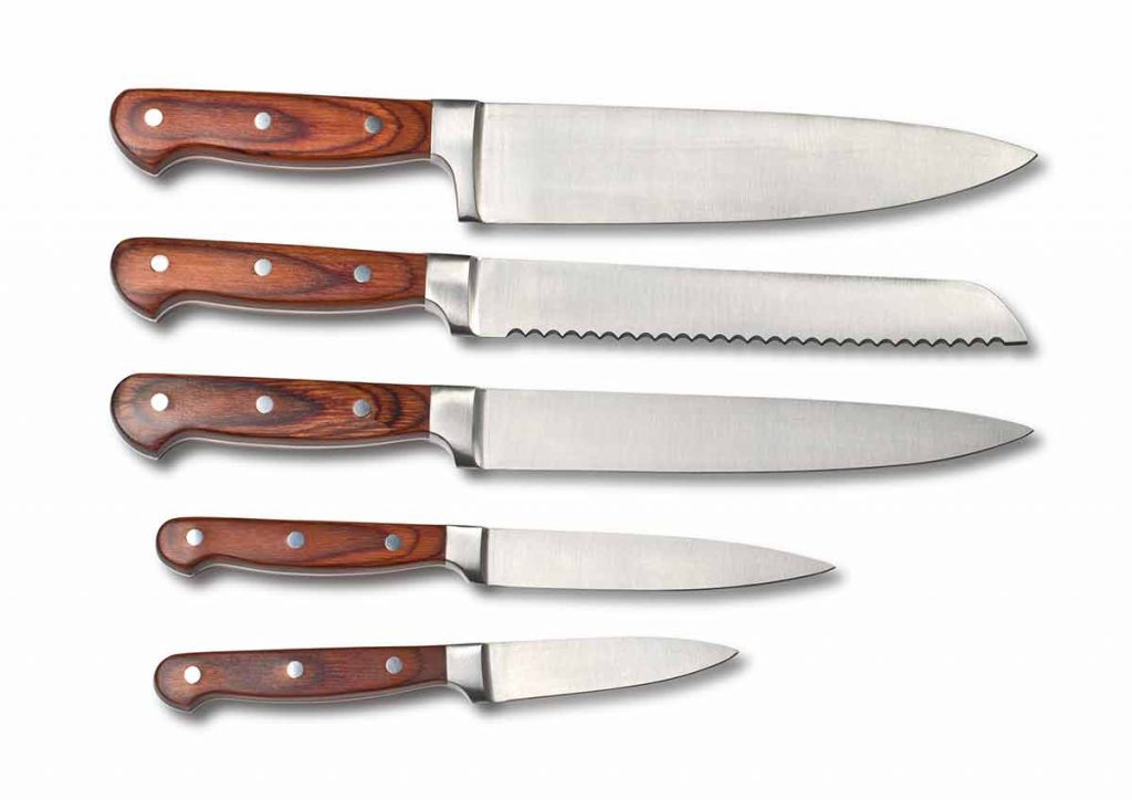 set of 5 knives with wood handles