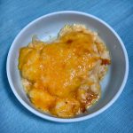 cauliflower mac and cheese in shallow bowl