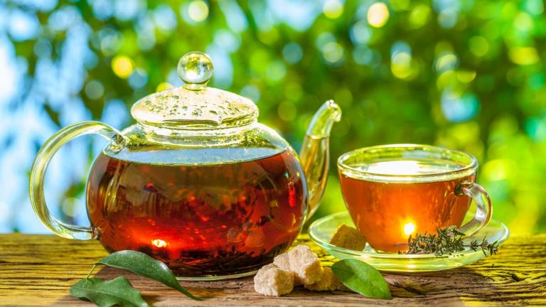 Glass teapot and tea cup with tea on outdoor background